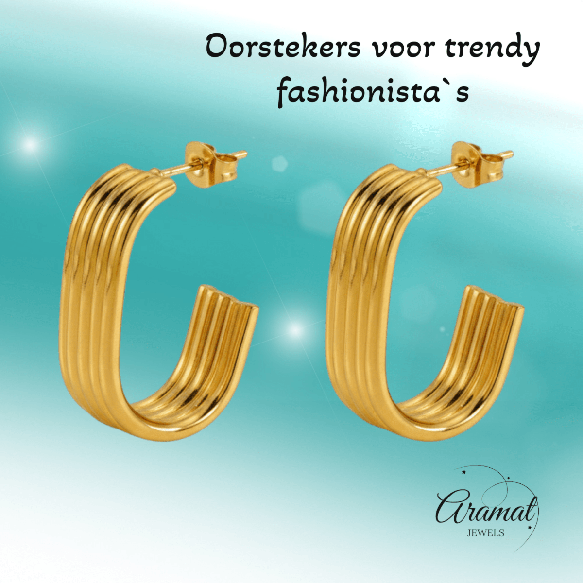 Rechthoekige Oorstekers Streepjesmotief Goudkleurig Staal - Aramat Jewels - RVS Sieraden - Oorbellen - cadeautip
