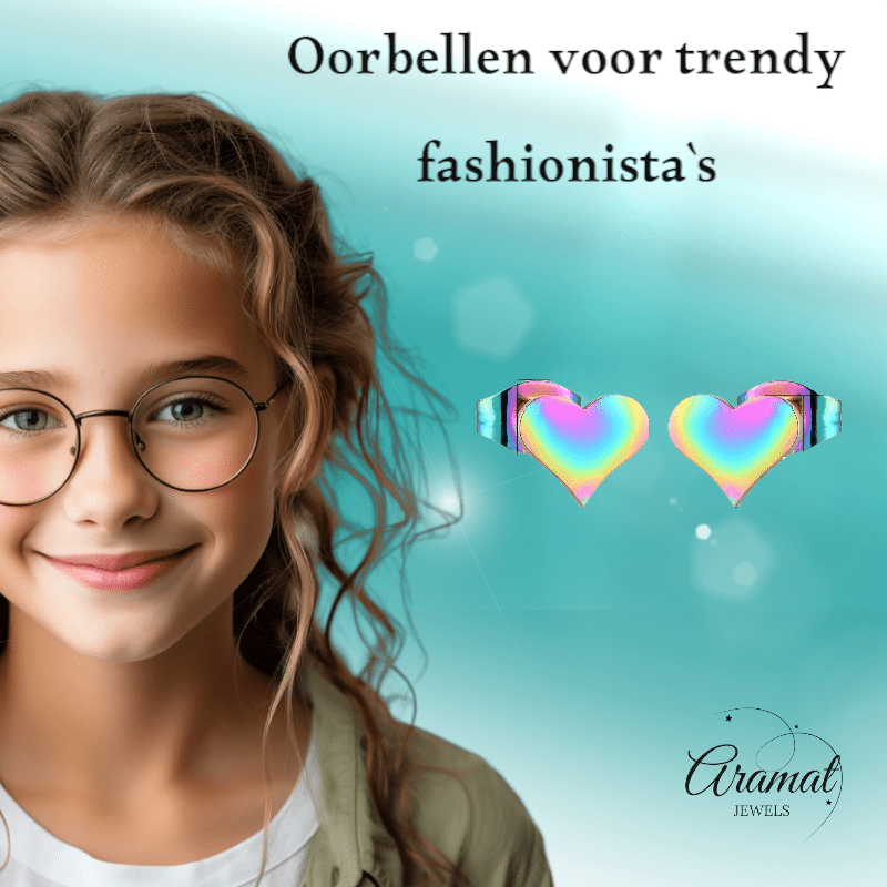 Regenboog hartjes oorstekers – 9x8mm vrolijk RVS - Aramat Jewels - Oorbellen - cadeautip