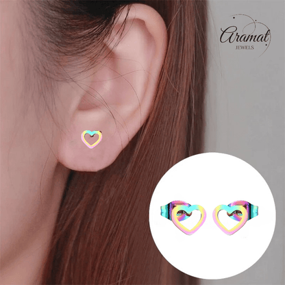 Regenboog hartjes oorstekers RVS – 8x7mm uniek - Aramat Jewels - Oorbellen - cadeautip