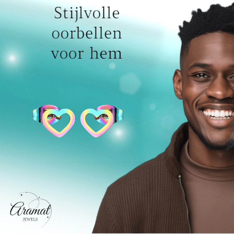 Regenboog hartjes oorstekers RVS – 8x7mm uniek - Aramat Jewels - Oorbellen - cadeautip
