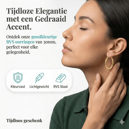 Ronde Oorringen RVS 30mm – Goudkleurig met Gedraaid Motief - Aramat Jewels - Oorringen - cadeautip
