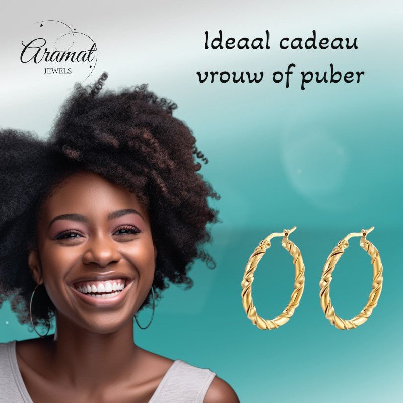 Ronde Oorringen RVS 30mm – Goudkleurig met Gedraaid Motief - oor6313 - MS - 023 - Oorringen kopen# - 30mm - alles - cadeau