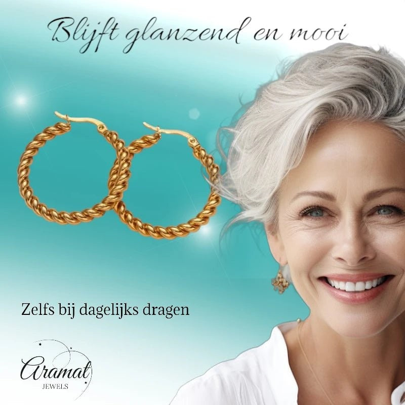 Ronde Oorringen RVS Goudkleurig – 30mm – Dubbel Gedraaid Motief - oor6317 - 528904 - Oorringen kopen# - 30mm - alles - cadeau