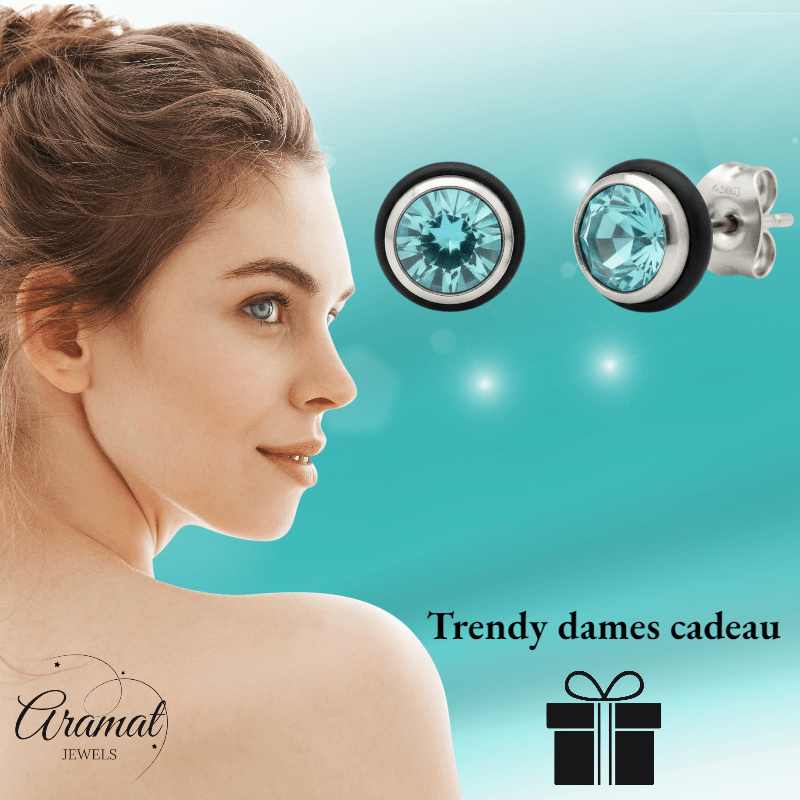 Ronde Stalen Oorbellen met Lichtblauwe Zirkonia - Aramat Jewels - Oorbellen - cadeautip