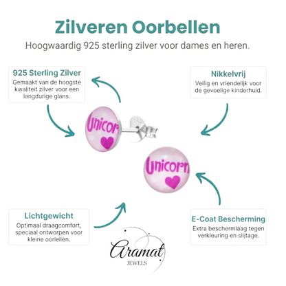Ronde Zilveren Oorbellen - Unicorn Tekst & Roze Acryl - Aramat Jewels - Oorbellen - cadeautip