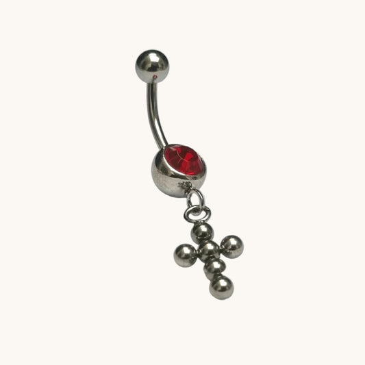 Piercing au nombril en acier avec croix en zircon rouge