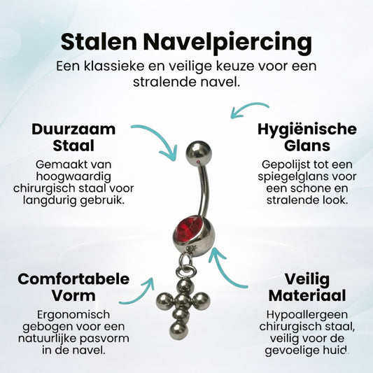 Piercing au nombril en acier avec croix en zircon rouge