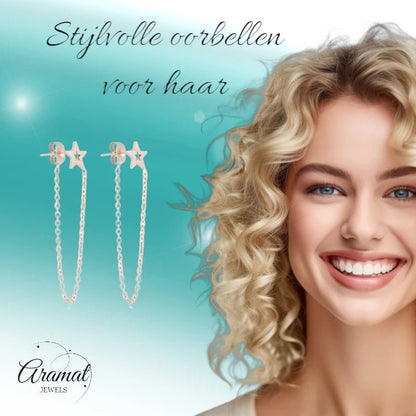Rosékleurige ster oorbellen met kettinkje - oor161 - Oorbellen kopen# - 8mm - alles - cadeau