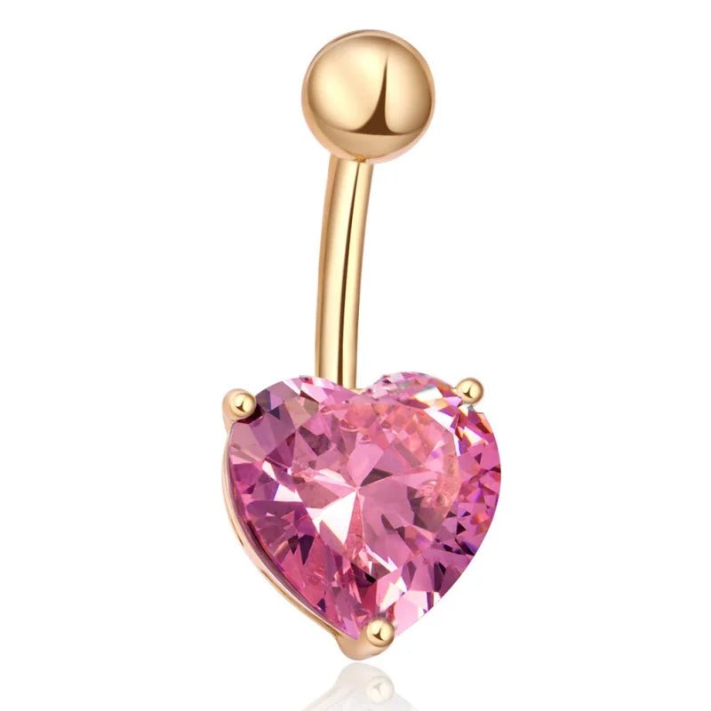 Piercing nombril en forme de cœur rose avec zircone