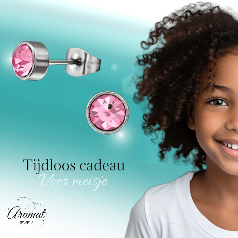Roze kristal oorstekers – 5mm zilver RVS - Aramat Jewels - Oorbellen - cadeautip