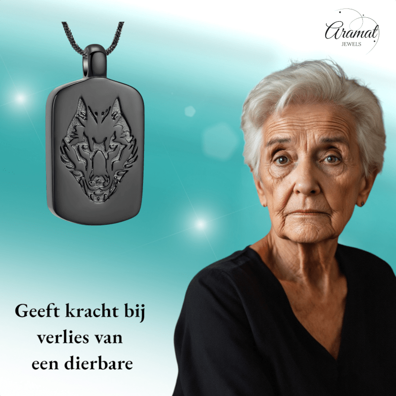 RVS Ashanger Rechthoek met Wolf - Zwart - hang1472 - IJD23037 - Gedenkhangers kopen# - 35mm - alles - ashangers