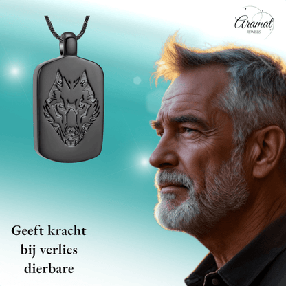 RVS Ashanger Rechthoek met Wolf - Zwart - hang1472 - IJD23037 - Gedenkhangers kopen# - 35mm - alles - ashangers