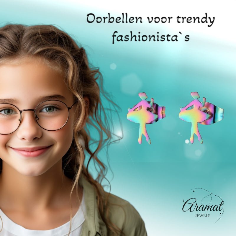 RVS Ballerina Oorbellen 12x7mm Multikleur - Danseres Ballet Studs - Aramat Jewels - Oorbellen - cadeautip