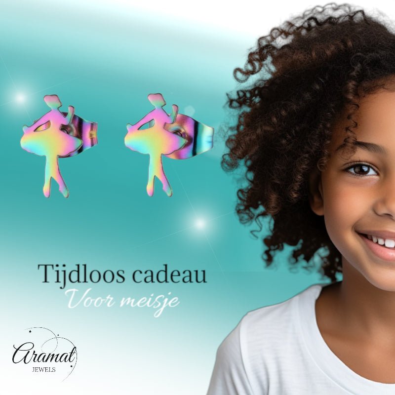 RVS Ballerina Oorbellen 12x7mm Multikleur - Danseres Ballet Studs - Aramat Jewels - Oorbellen - cadeautip