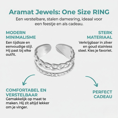 RVS Damesring Verstelbaar – 2 Lijnen (Schakel & Gestreept) – One Size - Aramat Jewels - Ringen - cadeautip