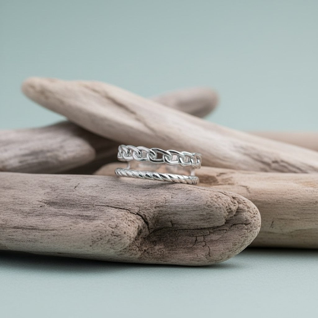 RVS Damesring Verstelbaar – 2 Lijnen (Schakel & Gestreept) – One Size - Aramat Jewels - Ringen - cadeautip