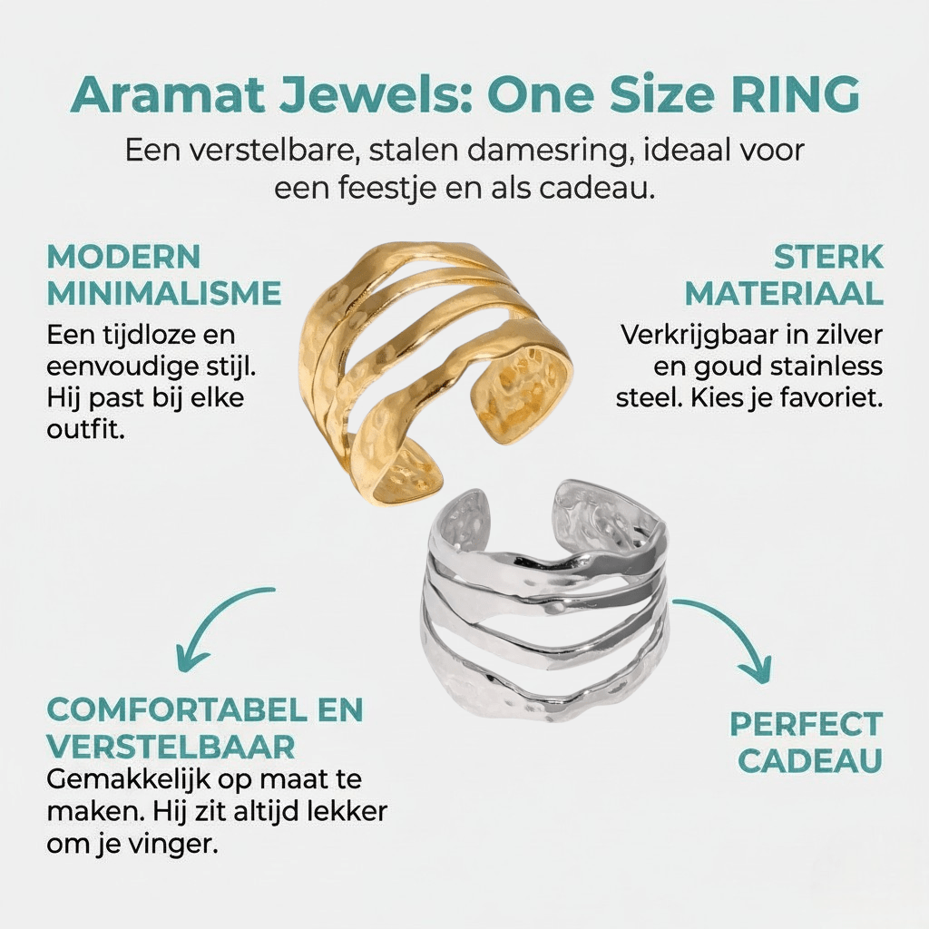 RVS Damesring Verstelbaar – 4 Grillige Lijnen – 17 mm - Aramat Jewels - Ringen - cadeautip