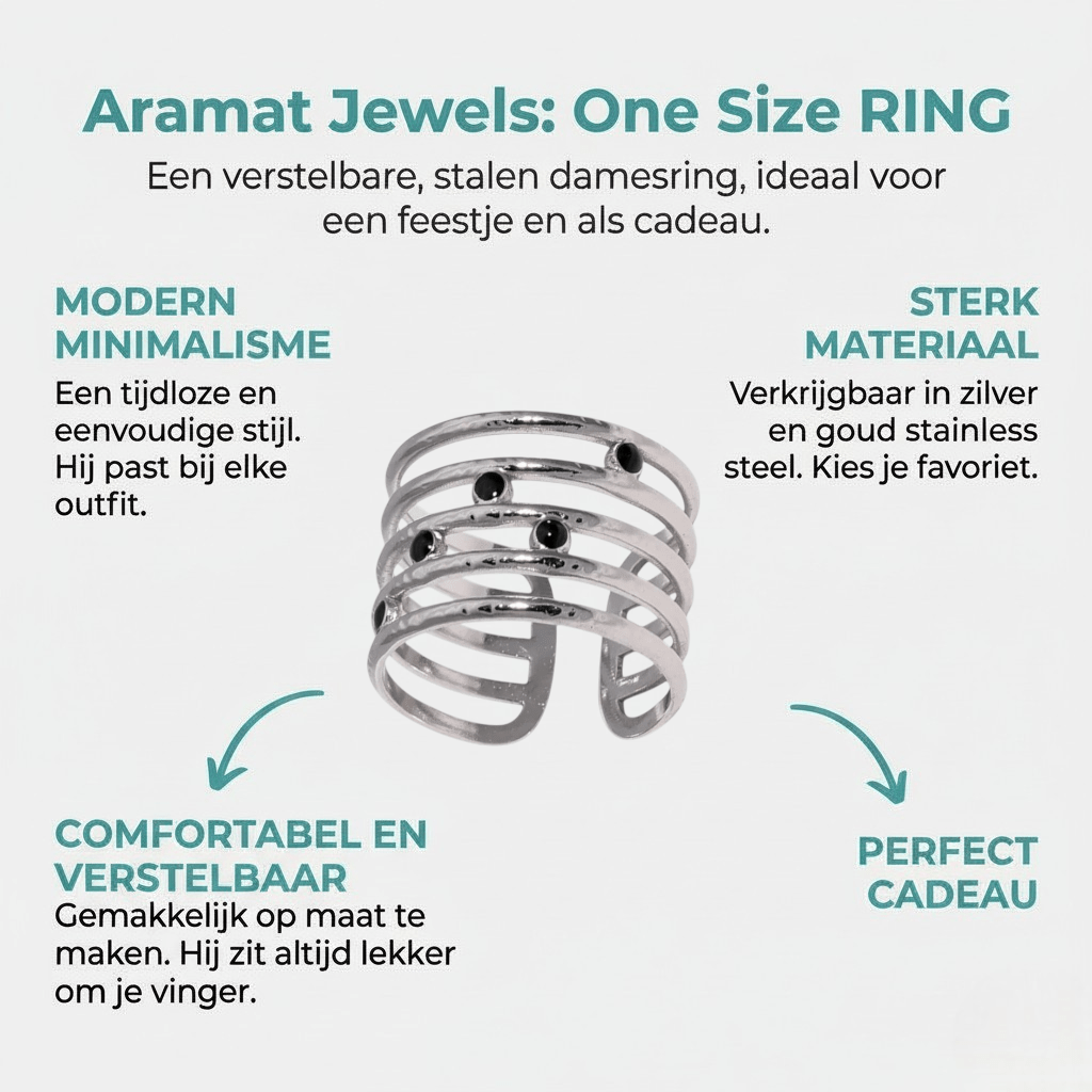 RVS Damesring Verstelbaar – 5 Lijnen & Zwarte Emaille – One Size - Aramat Jewels - Ringen - cadeautip