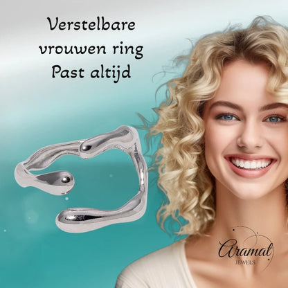 RVS Damesring Verstelbaar – Grillige Brede Open Ring – 16 mm - ring340 - 73887 - Ringen kopen# - Zilverkleur - alles - boho