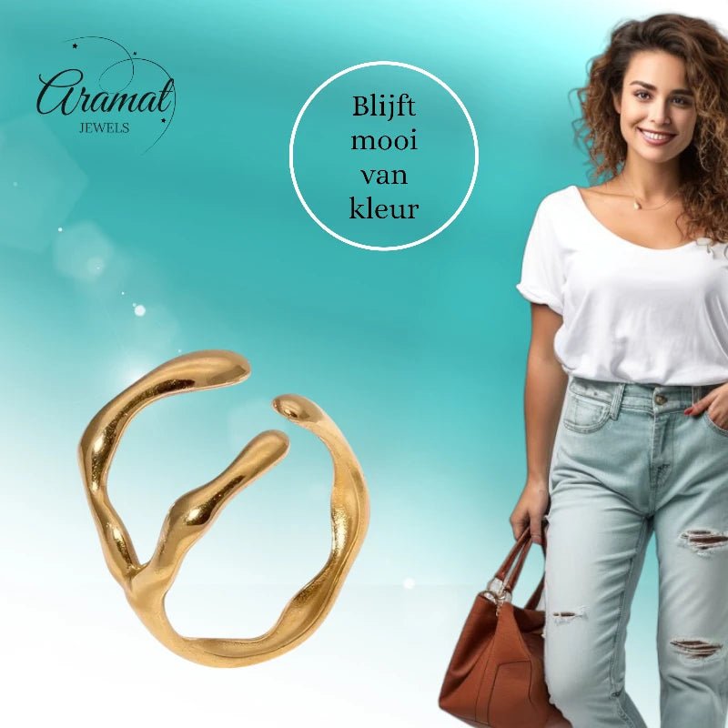RVS Damesring Verstelbaar – Grillige Brede Open Ring – 16 mm - ring346 - 73897 - Ringen kopen# - Goudkleur - alles - boho