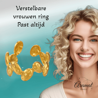 RVS Damesring Verstelbaar – Ovale Bewerkte Schakels – One Size - ring350 - 76748 - Ringen kopen# - Goudkleur - alles - boho