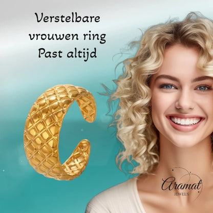 RVS Damesring Verstelbaar – Ruitjes Patroon - one size - ring347 - 76746 - Ringen kopen# - Goudkleur - alles - boho
