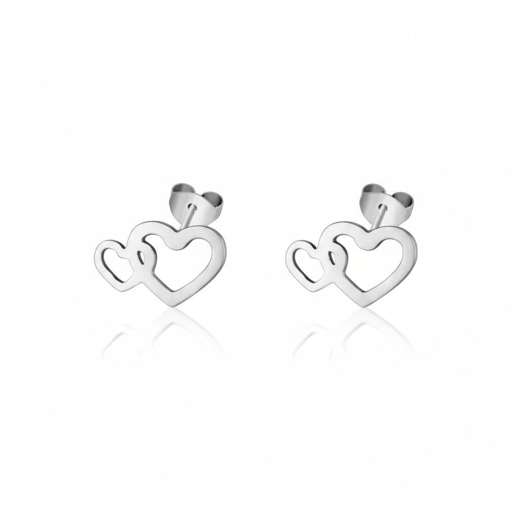 RVS dubbele hartjes oorstekers zilverkleur 12x8mm met 2 hartjes, voor de meeste mensen hypoallergeen oorbellen voor dames en kinderen