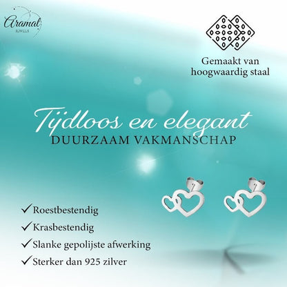 RVS Dubbele Hartjes Oorstekers Zilver 12x8mm - Aramat Jewels - Oorbellen - cadeautip