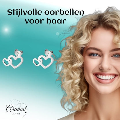 RVS Dubbele Hartjes Oorstekers Zilver 12x8mm - Aramat Jewels - Oorbellen - cadeautip
