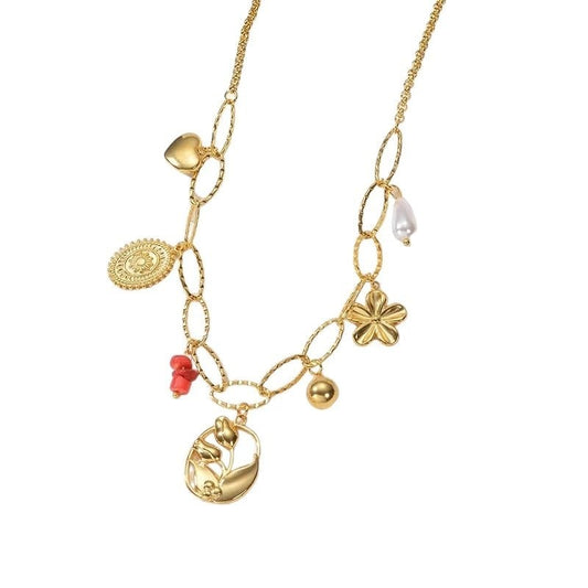 RVS Goudkleurige bedelketting – parel & natuursteen - ket1159 - 769524 - Halskettingen kopen# - 45cm - alles - Bedelketting