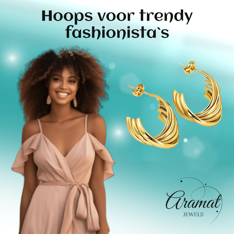 RVS Goudkleurige Halve Oorringen 22x15mm - 5 Lijnen Twist - Aramat Jewels - RVS Sieraden - Oorbellen - cadeautip