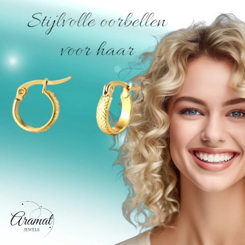 RVS Goudkleurige Oorringetjes 10mm - zigzag motief - oor846 - Oorringen kopen
