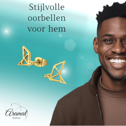 RVS Goudkleurige Vogel Oorbellen Origami - Aramat Jewels - Oorbellen - cadeautip