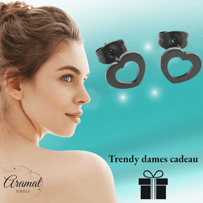 RVS Hartjes Oorbellen Zwart 9x8mm Open Stoer - Aramat Jewels - Oorbellen - cadeautip