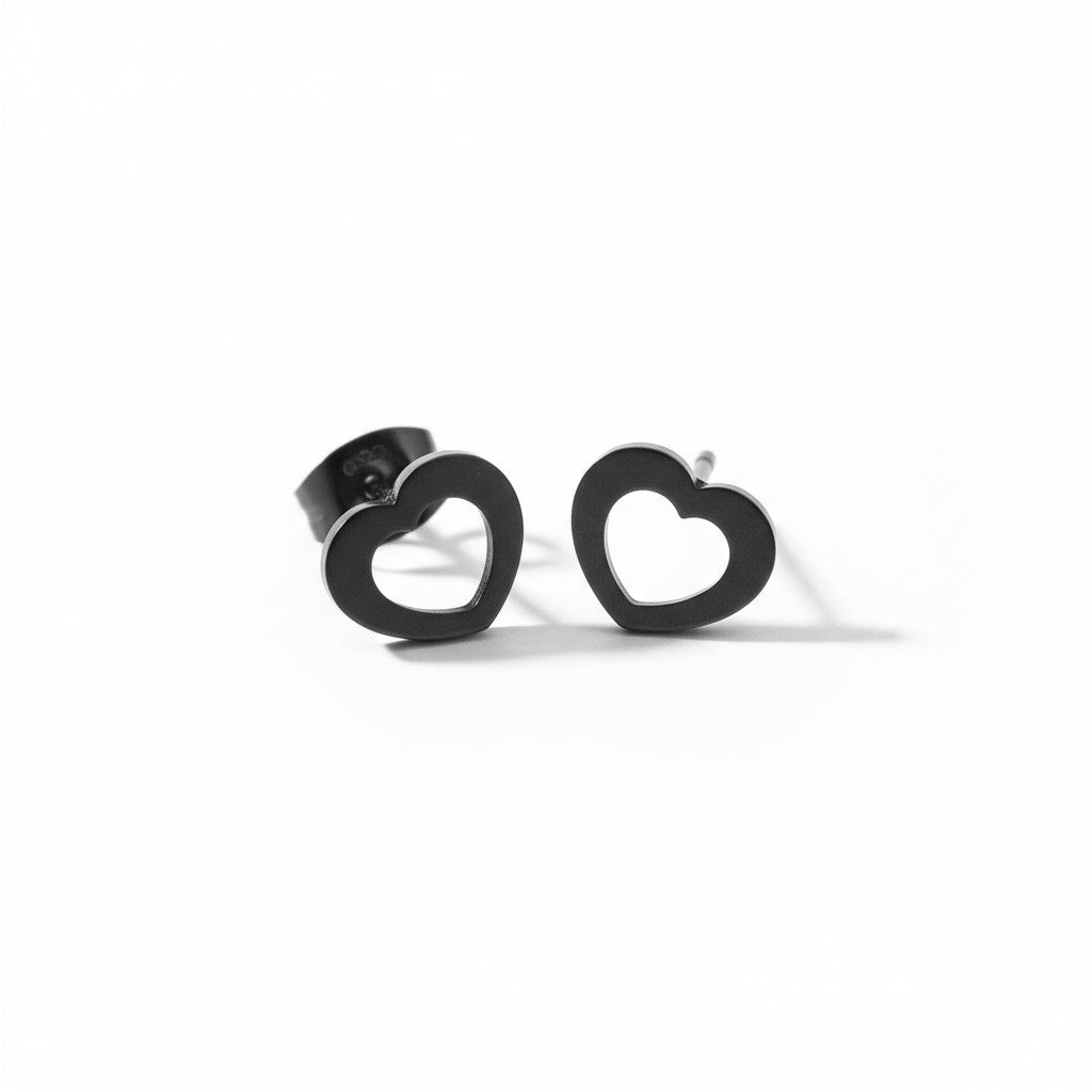 RVS hartjes oorbellen zwart 9x8mm open hartje stoer, voor de meeste mensen hypoallergeen oorstekers voor dames en kinderen