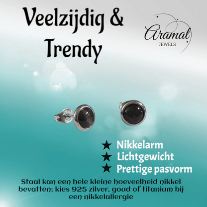 RVS Kattenoog Oorbellen 8mm – Zwart - Aramat Jewels - Oorbellen - cadeautip