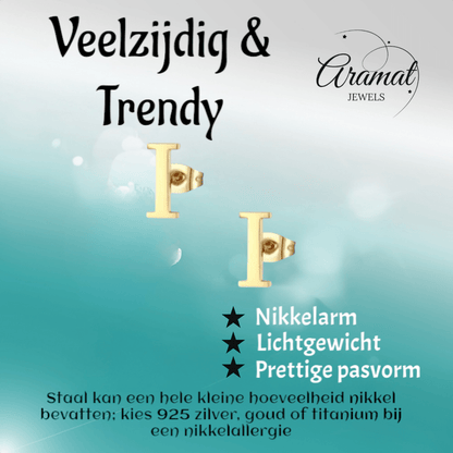 RVS letter I oorstekers goudkleurig - Aramat Jewels - Oorbellen - cadeautip