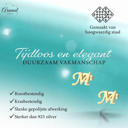 RVS letter M oorstekers goudkleurig - Aramat Jewels - Oorbellen - cadeautip