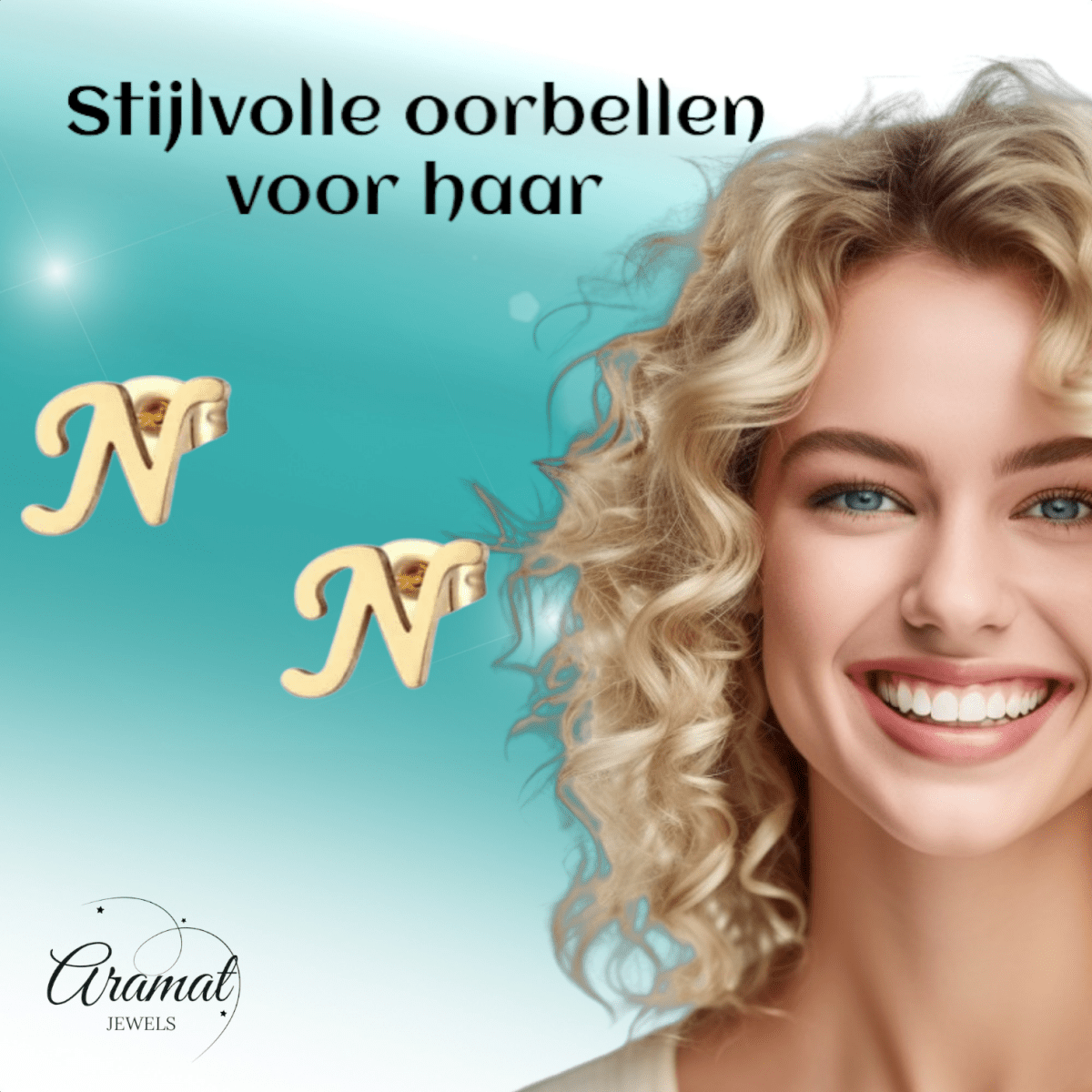 RVS letter N oorstekers goudkleurig - Aramat Jewels - Oorbellen - cadeautip