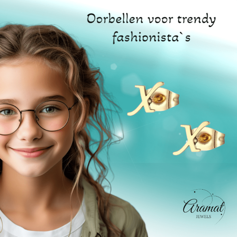RVS Letter X Oorbellen Goudkleurig – Initiaal - Aramat Jewels - Oorbellen - cadeautip