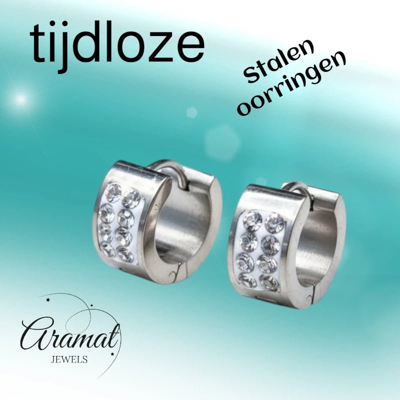 RVS Mini Huggie Creolen 2 Rijen Kristal Zilverkleur 13mm - Dames Kind - Aramat Jewels - Oorringen - cadeautip