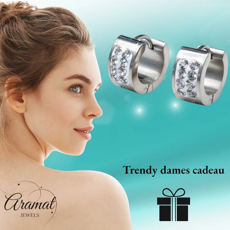 RVS Mini Huggie Creolen 2 Rijen Kristal Zilverkleur 13mm - Dames Kind - Aramat Jewels - Oorringen - cadeautip