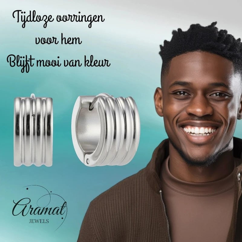 RVS Mini Huggie Creolen Streep Zilverkleur 13mm - Unisex Kind - Aramat Jewels - Oorringen - cadeautip