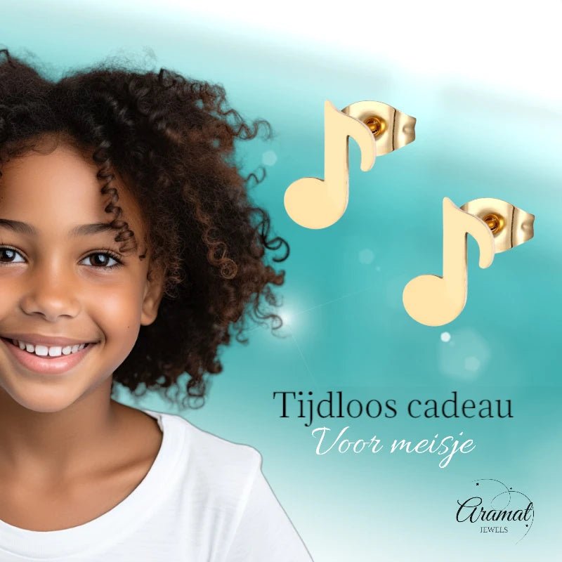RVS Muzieknoot Oorbellen Goudkleur - oor1637 - fg - Oorbellen kopen# - 7mm - alles - cadeau