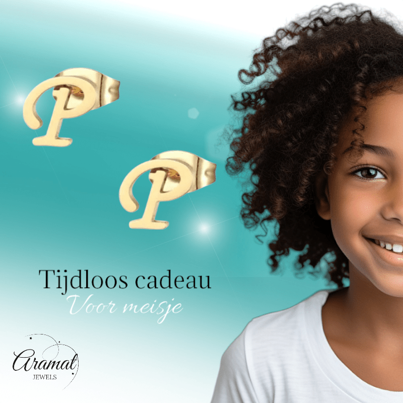 RVS Oorbellen Letter P – Goudkleurig – 10 mm - Aramat Jewels - Oorbellen - cadeautip
