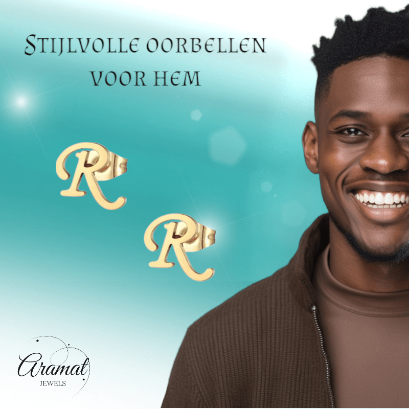 RVS Oorbellen Letter R – Goudkleurig – 10 mm - Aramat Jewels - Oorbellen - cadeautip