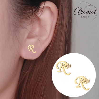 RVS Oorbellen Letter R – Goudkleurig – 10 mm - Aramat Jewels - Oorbellen - cadeautip