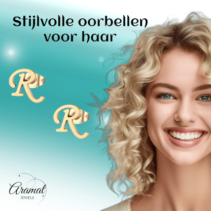 RVS Oorbellen Letter R – Goudkleurig – 10 mm - Aramat Jewels - Oorbellen - cadeautip