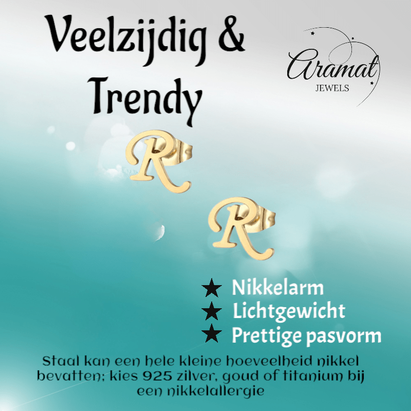 RVS Oorbellen Letter R – Goudkleurig – 10 mm - Aramat Jewels - Oorbellen - cadeautip