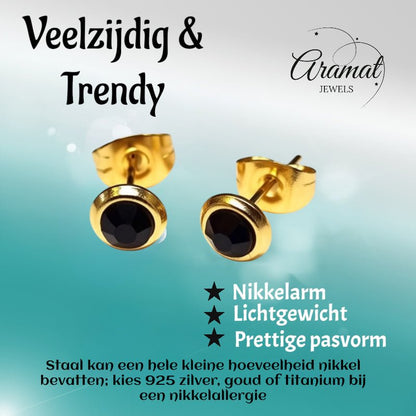 RVS Oorbellen Zwarte Kristal Goudkleur Rond 6mm - Elegante Oorstekers - Aramat Jewels - Oorbellen - cadeautip